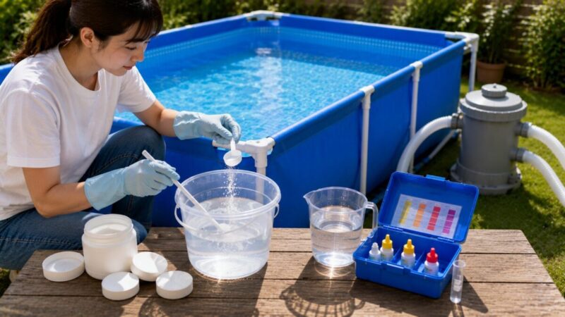 遊泳前に家庭用プールの塩素剤を計量し、別容器の水で溶かして準備する様子