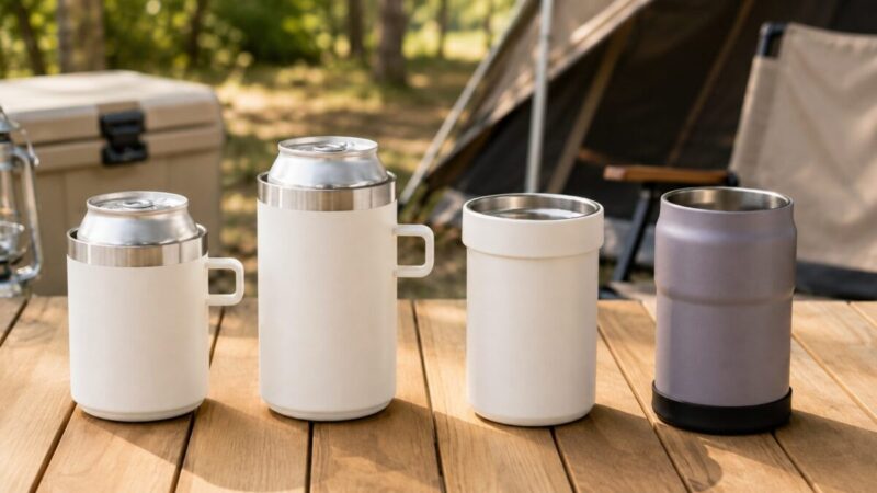 取っ手付きの現行モデルと形状の異なる従来型の保冷缶ホルダーを並べて比較した様子