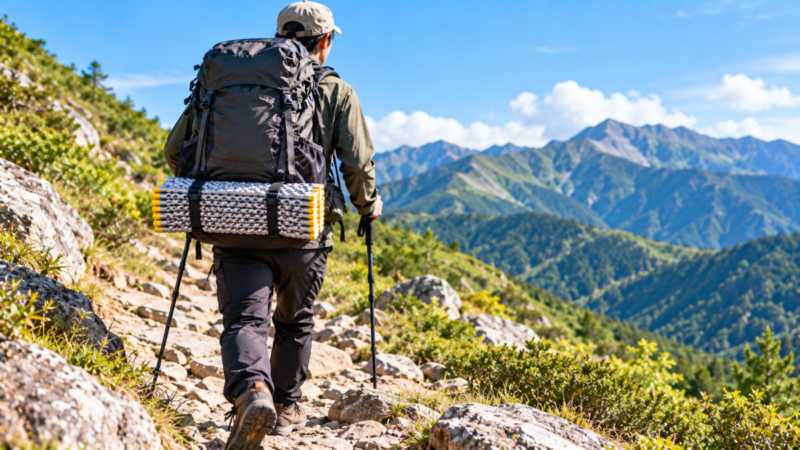 蛇腹マットをザック底部に固定して登山道を歩く様子