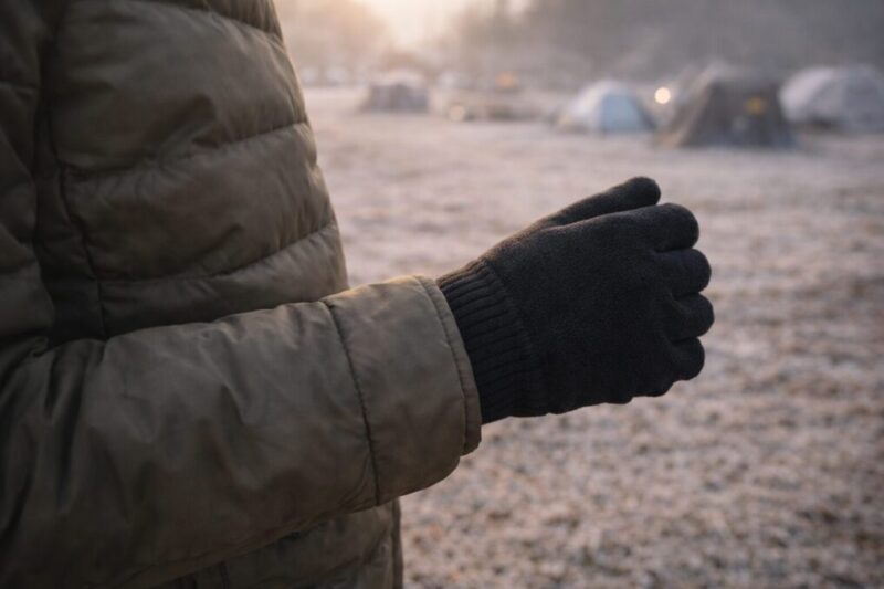 冬の朝の冷え込みで防寒手袋を着用しているアウトドアイメージ