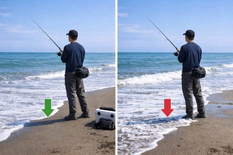 サーフで安全に立てる位置と前に出すぎた危険な位置の解説図