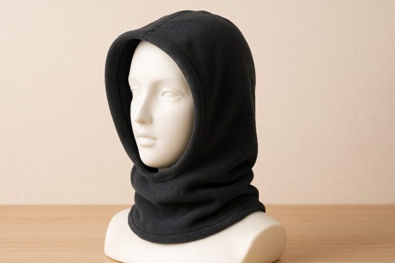 フード付きネックウォーマーで耳まで覆えることが分かる着用イメージ