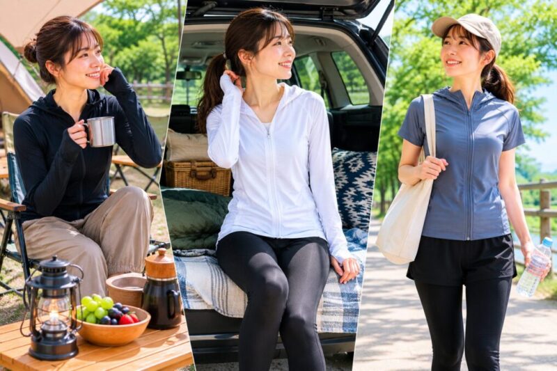 キャンプや車中泊、散歩でラッシュガードの色をシーン別に使い分けるイメージ