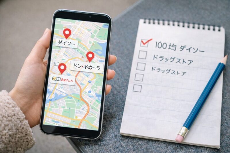 地図アプリと買い物メモで購入先を比較している様子