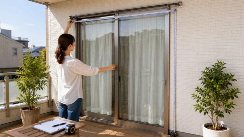 ベランダの日よけシェード設置前に掃き出し窓の幅と高さを測っている様子