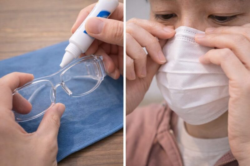 花粉対策メガネの曇りを防ぐために調整しているイメージ