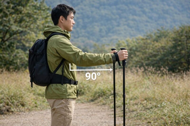 初心者向けにトレッキングポールの長さ調整の目安を示す画像