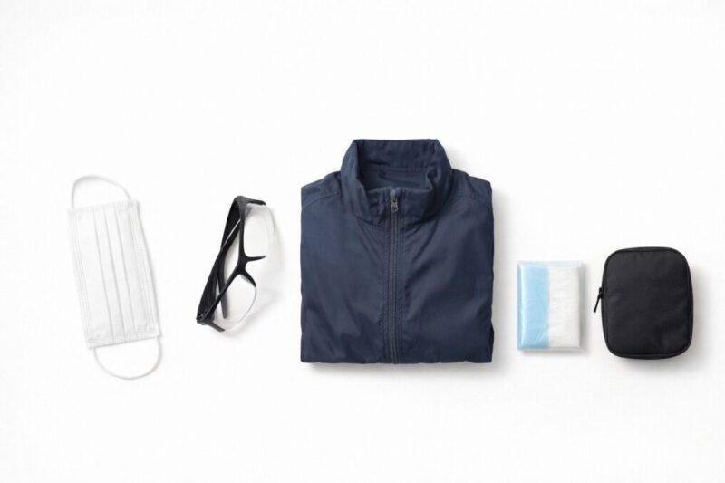 外出時の花粉対策に使う基本アイテムを並べたイメージ