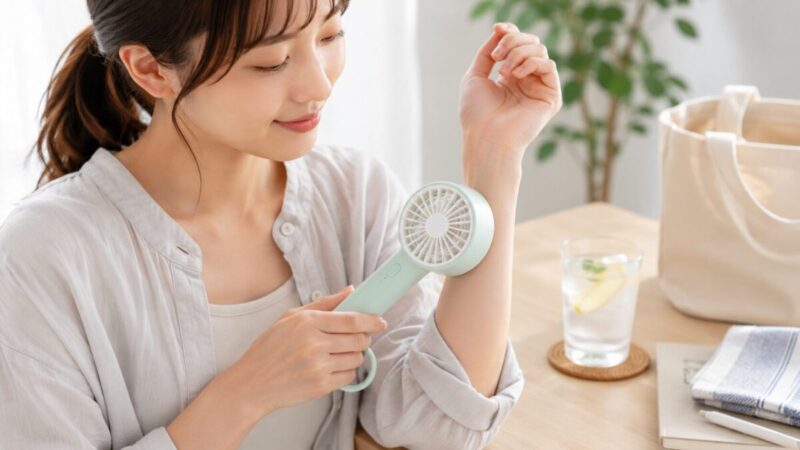 冷却プレート付きハンディファンを手首に当てて涼む女性