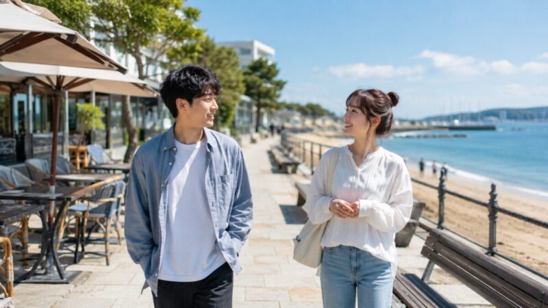 付き合う前に海沿いの遊歩道を歩きながら会話を楽しむ男女