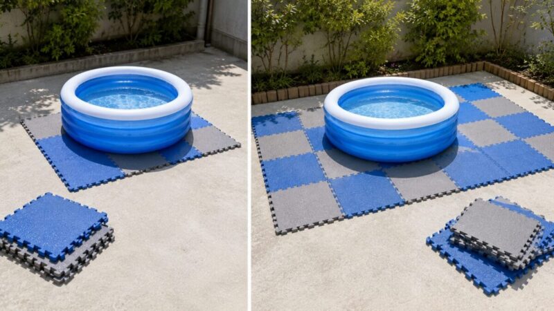ジョイントマットの枚数が少ない場合と十分に敷いた場合で、家庭用プールを覆える範囲を比較した様子