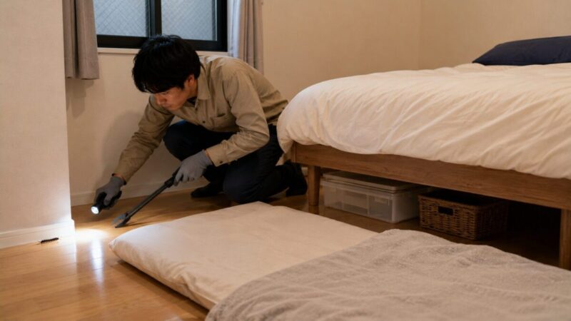 就寝前に懐中電灯と長いトングを使い、ベッド下や壁際を確認する人。