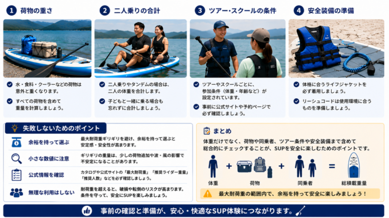 SUPで荷物や二人乗りの合計重量、ツアー条件、安全装備を確認するポイント