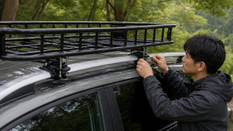 車のルーフ上でカーゴバスケットの固定金具を調整している取り付け作業の様子