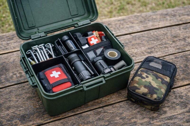 仕切り付きのハードケースに小物ギアをまとめて収納しているイメージ