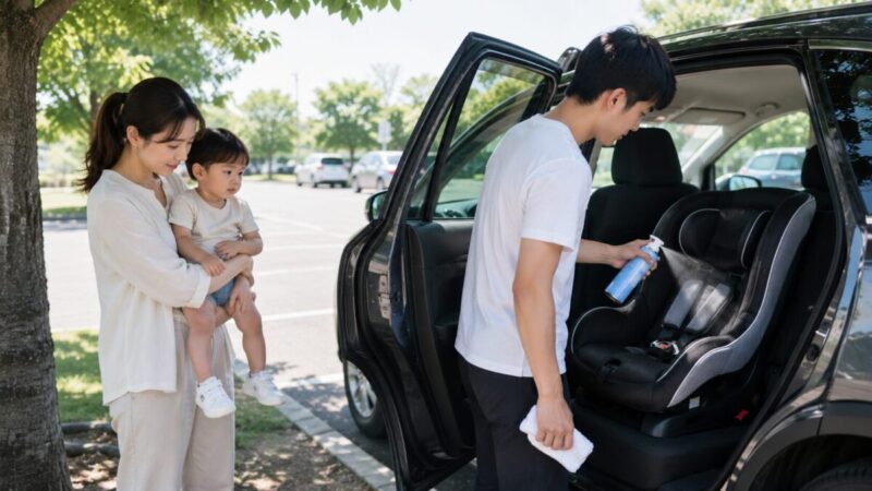 車内を換気しながら空席のチャイルドシートへ冷却スプレーを噴射する様子
