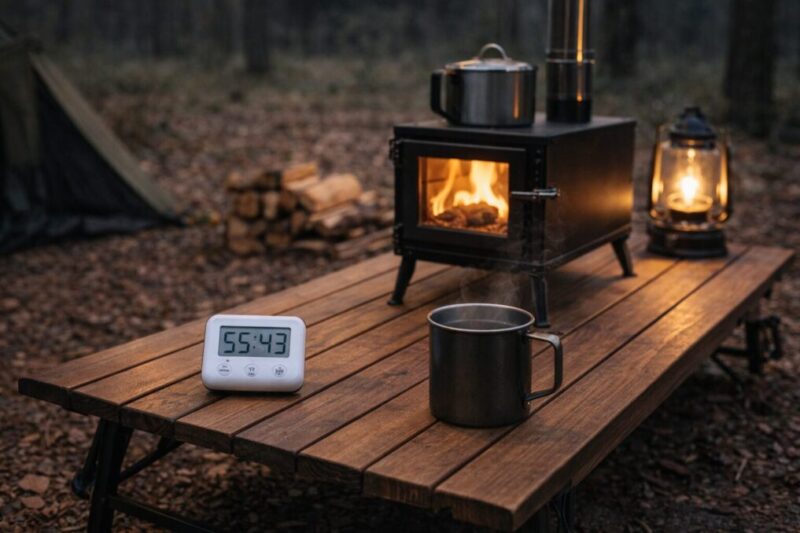 テーブルのタイマーとマグの奥で薪ストーブの炎が揺れ、燃焼時間を意識して過ごすキャンプの場面