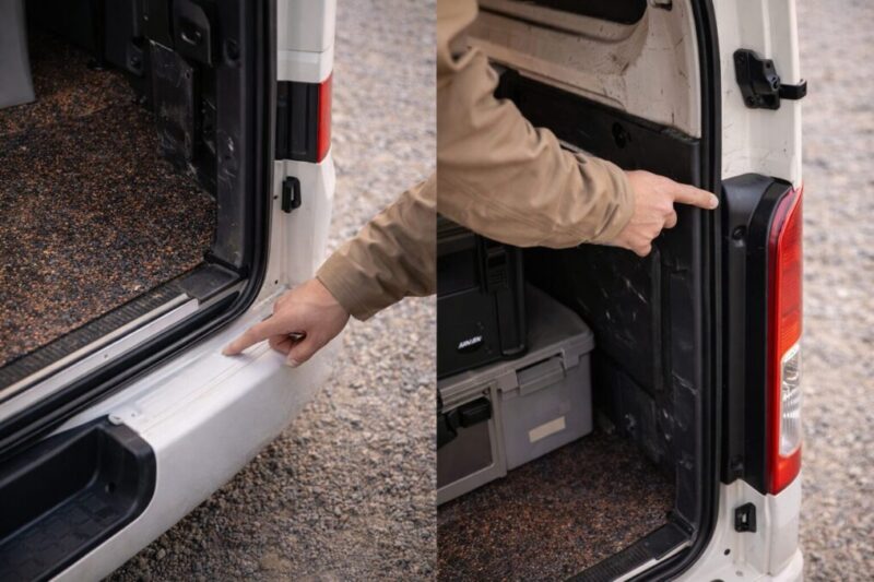 中古バン購入時に荷室や内装の状態を確認している様子