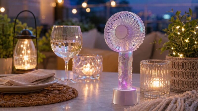 ベランピングのテーブルに置かれたオーロラカラーの透明感あるハンディファン