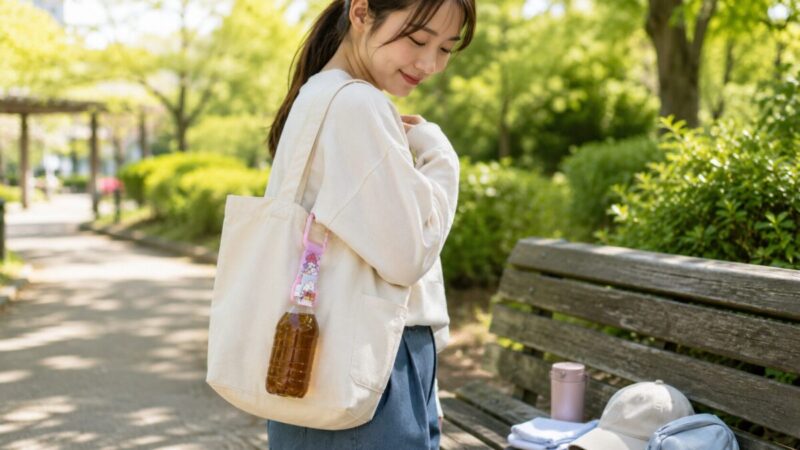 散歩や公園遊びでペットボトルホルダーをバッグに掛けて使う画像