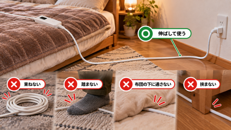 電気毛布の延長コードを束ねる・踏む・布団の下に通す・家具で挟む使い方を避ける安全例