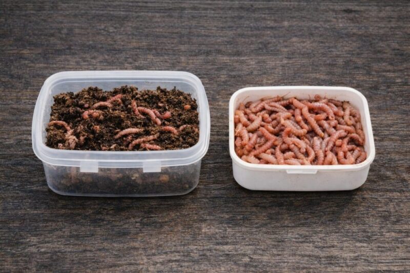 タッパーとトレー型ケースを並べて釣り餌箱の代用を比較するイメージ