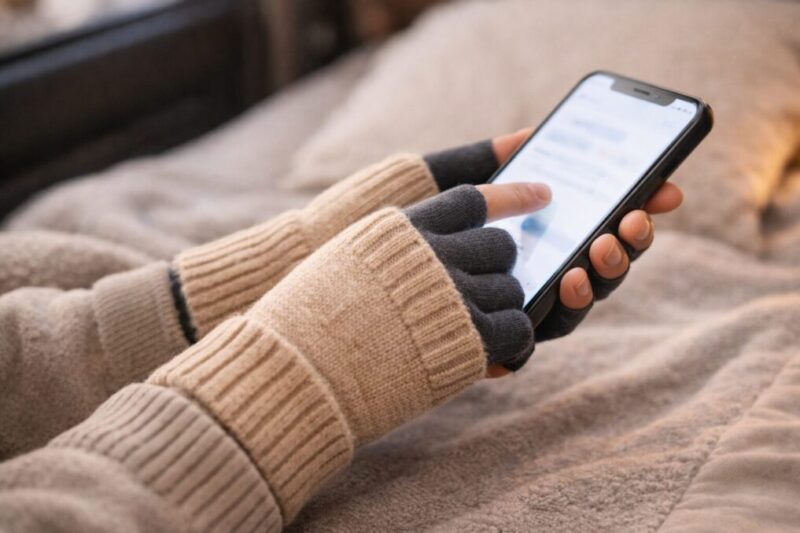 重ね着で指先の冷えを抑えながらスマホ操作するイメージ