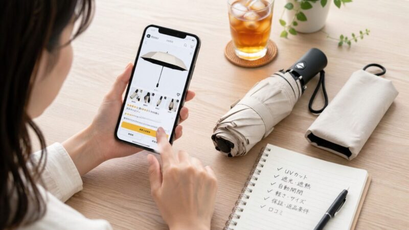 折りたたみ日傘の商品ページと購入前の確認項目を見比べる手元
