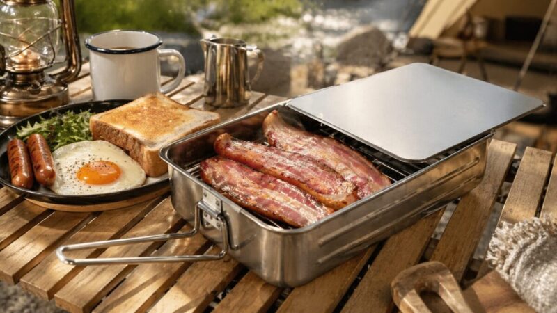 ミニスモーカーで燻した厚切りベーコンを朝食プレートに添えたキャンプ飯の様子