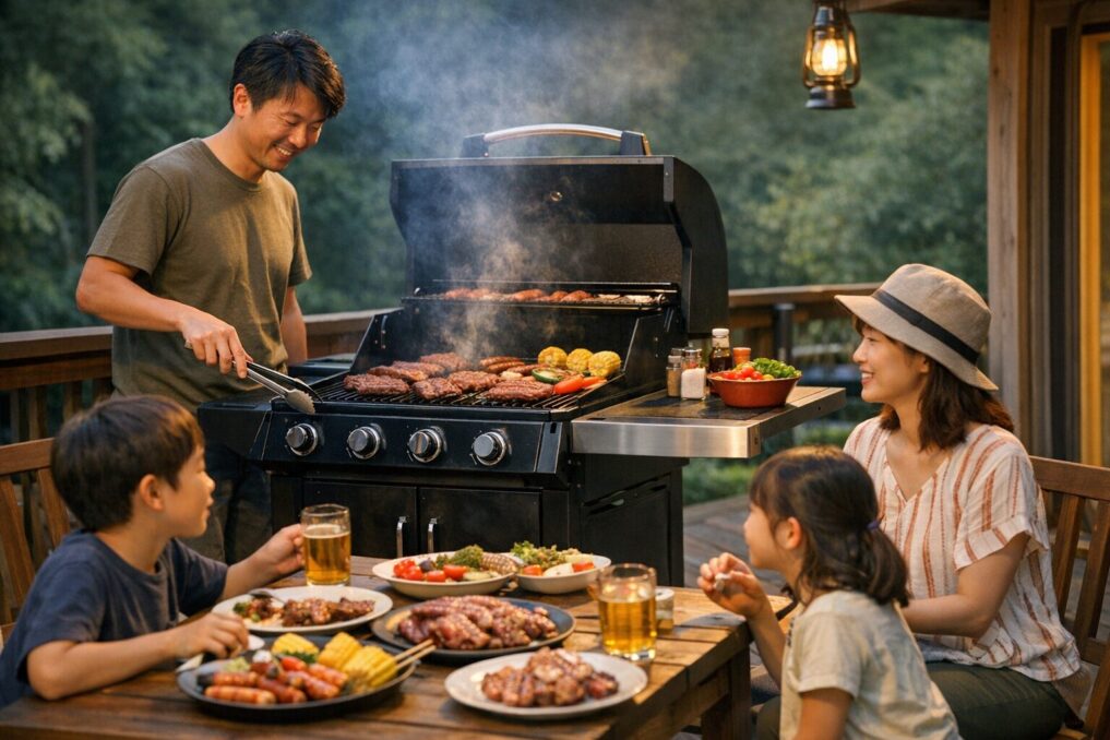 自宅テラスで大型BBQグリルを使い、家族でバーベキューを楽しむ落ち着いたアウトドアシーン