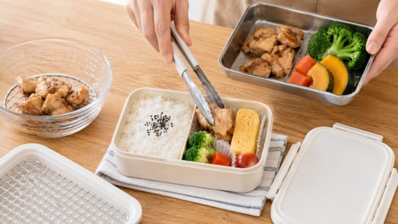 加熱した鶏肉や野菜をトングで清潔な弁当箱に詰めている様子。