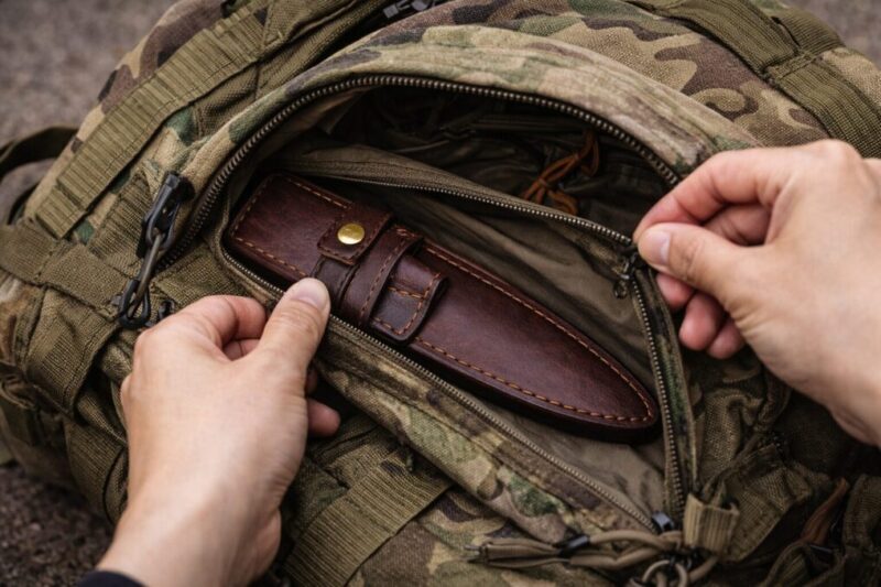 バックパックの内側にケース入りナイフを収め、移動中に飛び出さないようファスナーを閉めて安全に保管している手元のイメージ