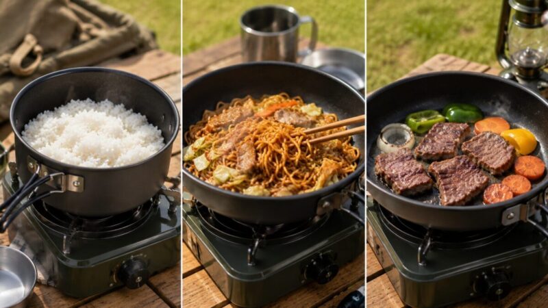 炊飯と炒め物と焼き物に使えるフッ素加工クッカーの比較イメージ