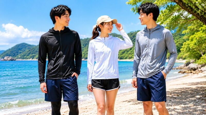 黒や白のラッシュガードを着て海辺で色選びを比較する様子