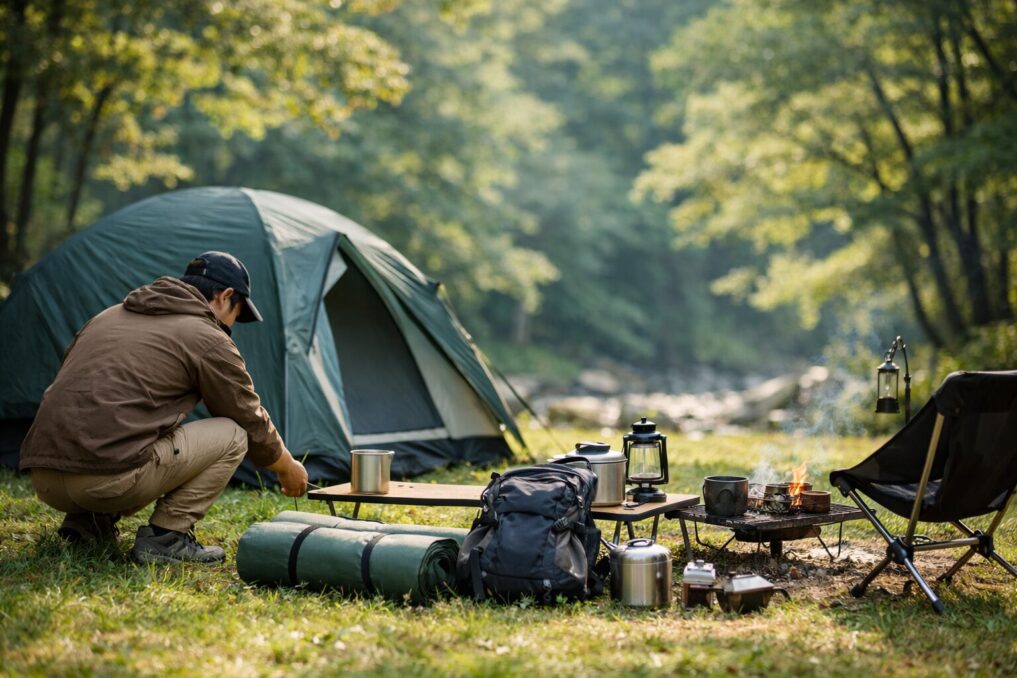 森のキャンプサイトでソロ用テント前に道具を並べて準備するキャンパーの様子