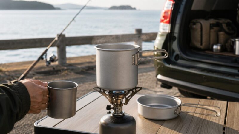 釣りや車中泊でアルミクッカー900mlを使って湯沸かしする外遊びイメージ