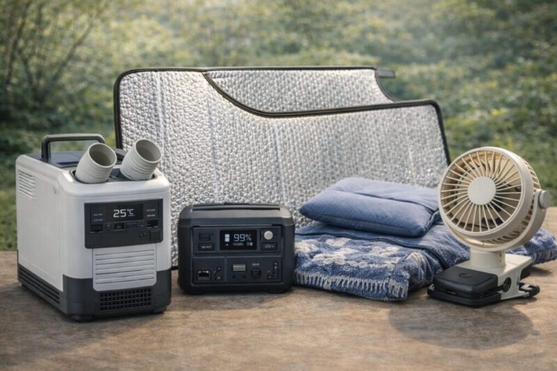 夏の車中泊を快適にするおすすめ用品をまとめたイメージ