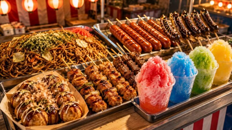 たこ焼きや焼きそば、焼き鳥、かき氷など夏祭りで人気の定番屋台フード