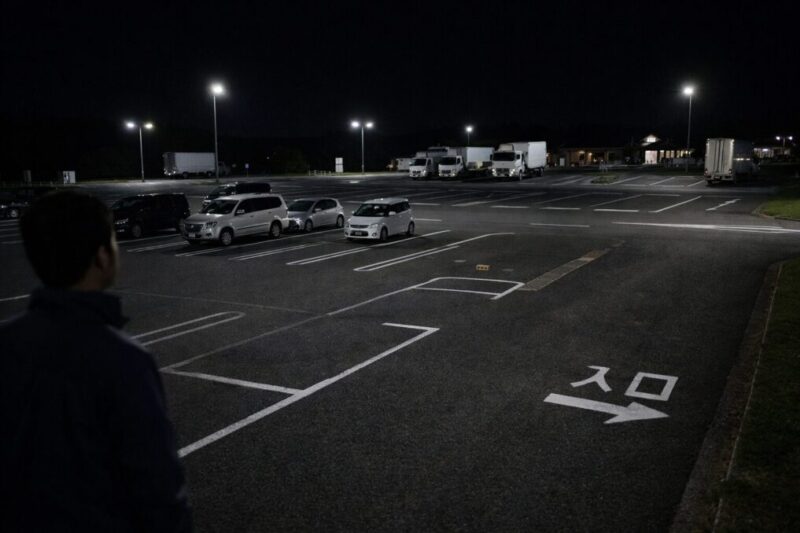 広い道の駅駐車場で停める位置を考える車中泊イメージ