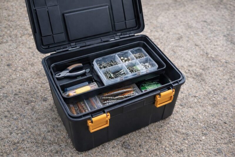 ホームセンターの工具箱を釣り収納に流用したイメージ