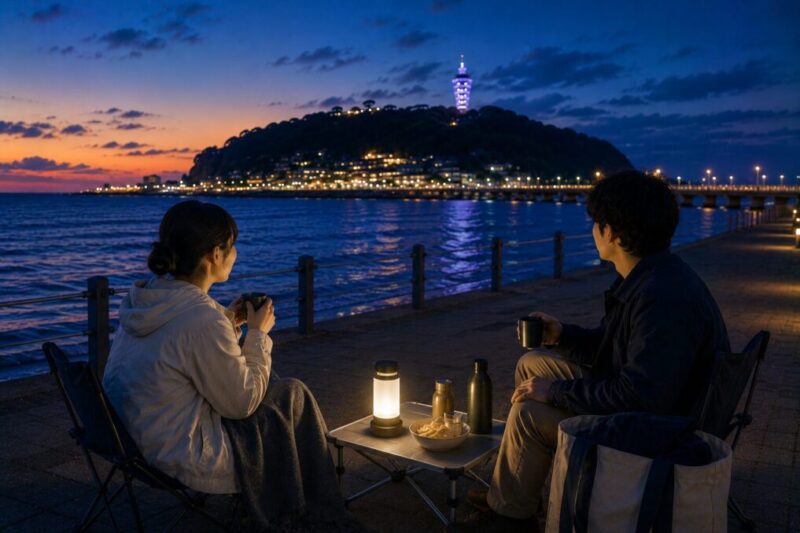 江ノ島を望む海沿いで、ランタンの明かりと飲み物を用意して夜景を楽しむ大人2人