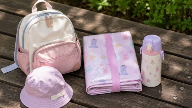 子供用リュックと一緒に畳んだ軽量レジャーシートを準備した遠足のイメージ