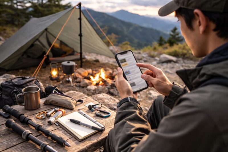 キャンプ道具を机に置き、スマホで使用感の情報を見比べている様子