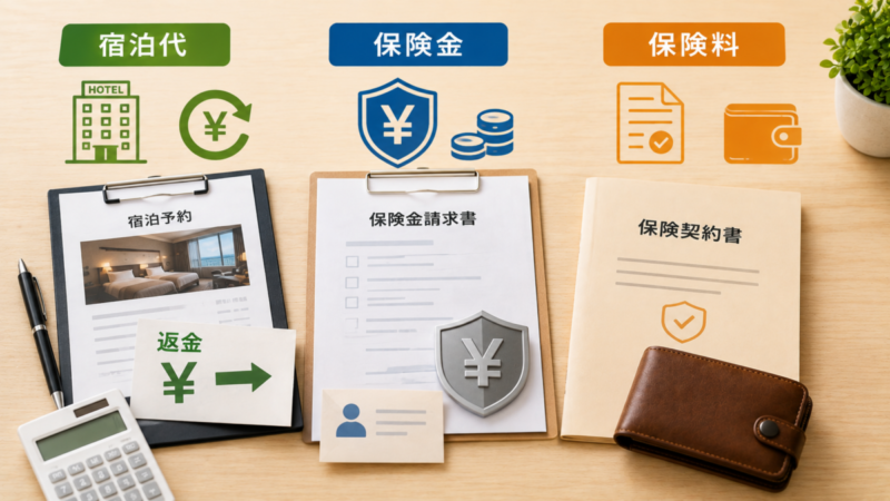 宿泊代の返金とキャンセル保険の保険金・保険料の違いを比較した図