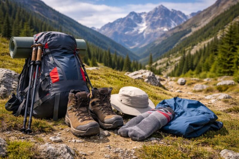 日帰りハイク向けの装備一式を山の景色の前に並べたイメージ