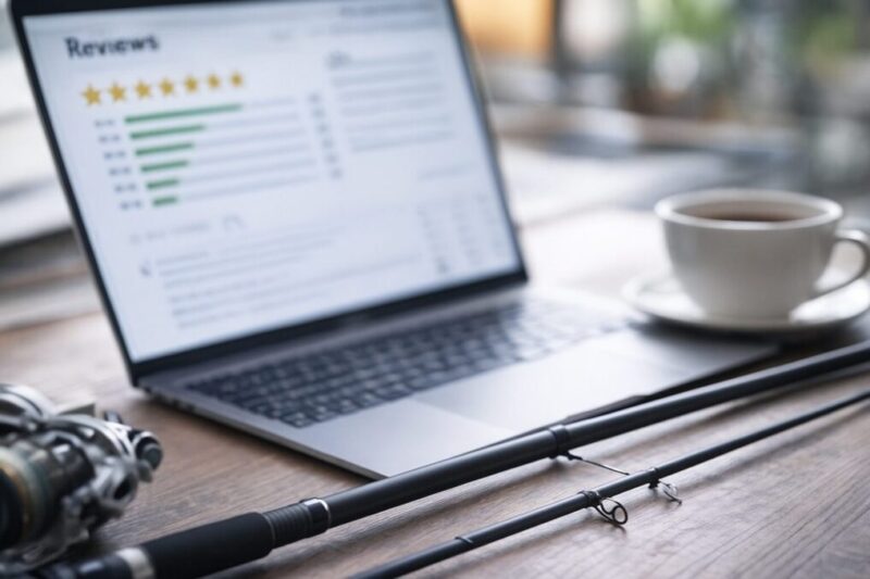 「オンラインレビューを確認しながらルアーロッドを検討しているイメージ」