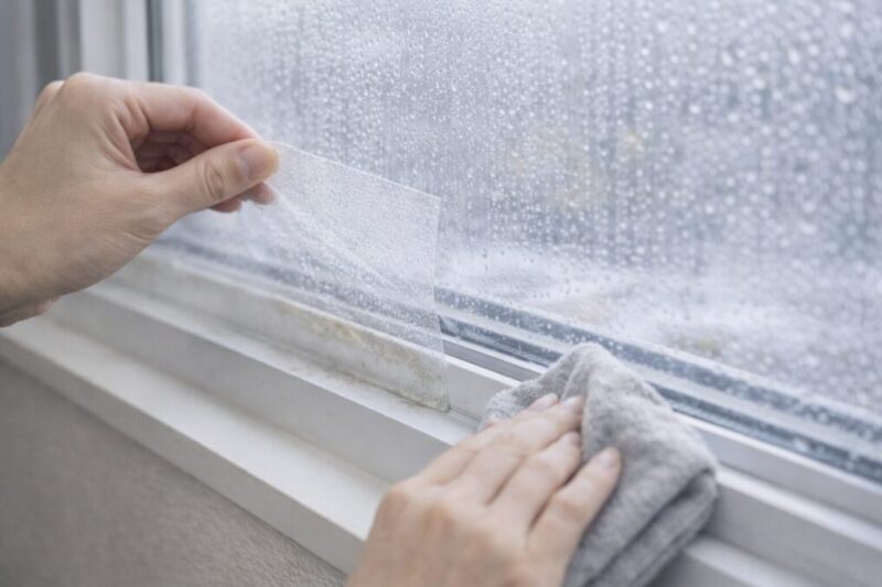 窓の下部やシートの端を確認しながら、窓枠を拭いて定期的に手入れしているイメージ