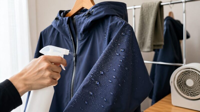 ハンガーに掛けたネイビーのレインジャケットの袖へ撥水剤を吹き付け、水滴の弾きを確認する手元。