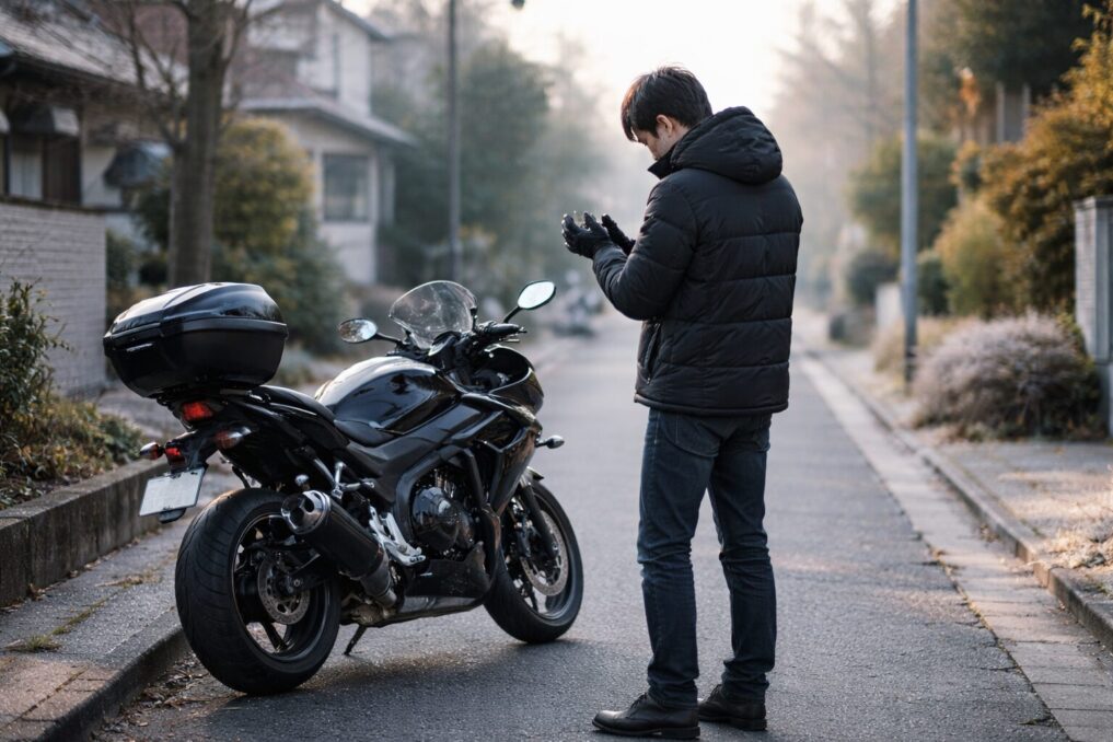 冬の路肩でバイクの横に立ち、グローブを整えながら防寒着の着心地を確認している様子