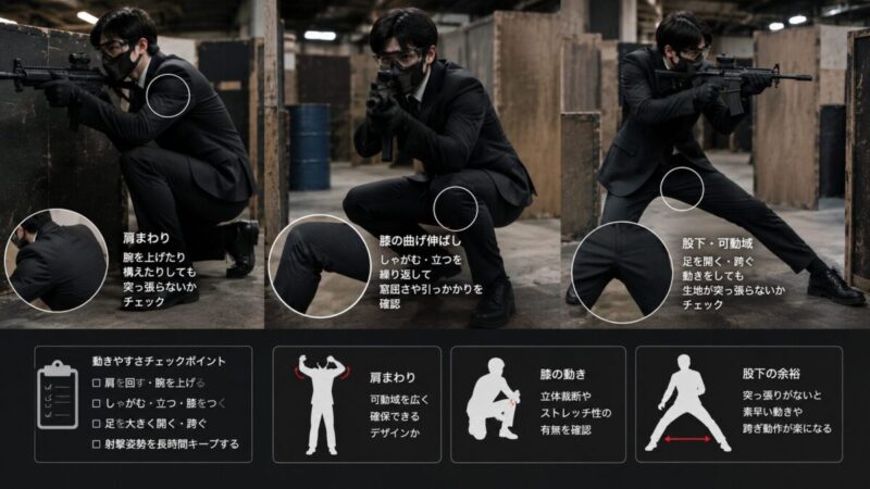 スーツでサバゲーをする前に肩や膝の動きやすさを確認している画像